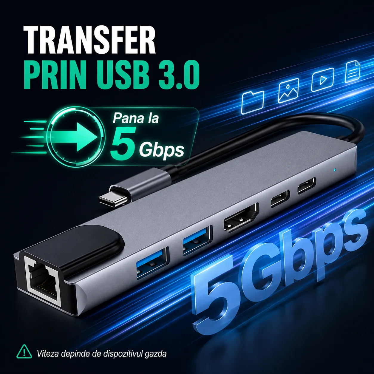 Timebox Hub USB 6 in 1 Type-C Ethernet Argintiu