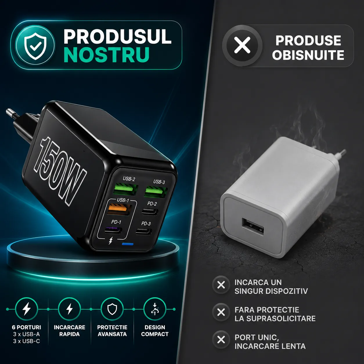 Timebox 150W incarcator retea 6 porturi negru fast charge