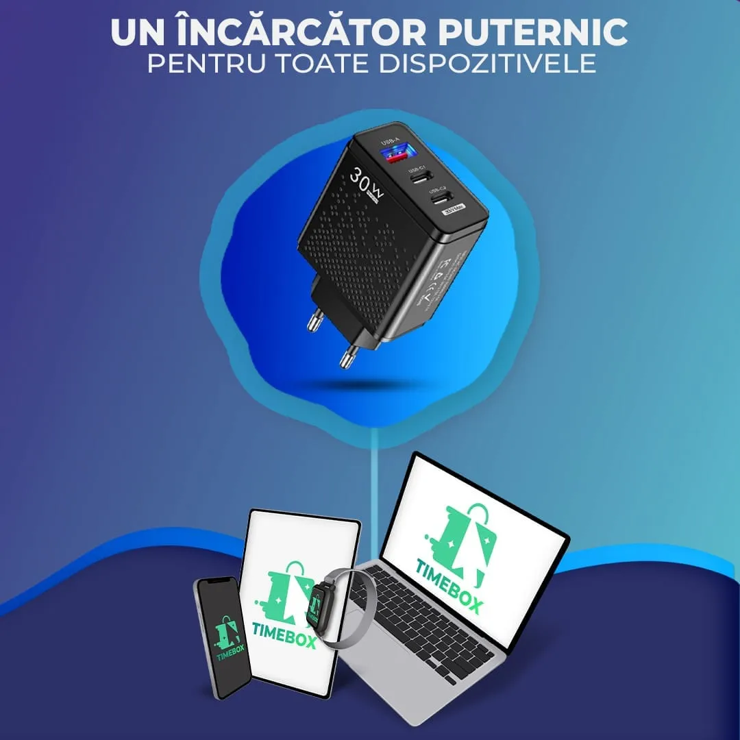 Timebox 30W incarcator retea 3 porturi USB-C USB negru