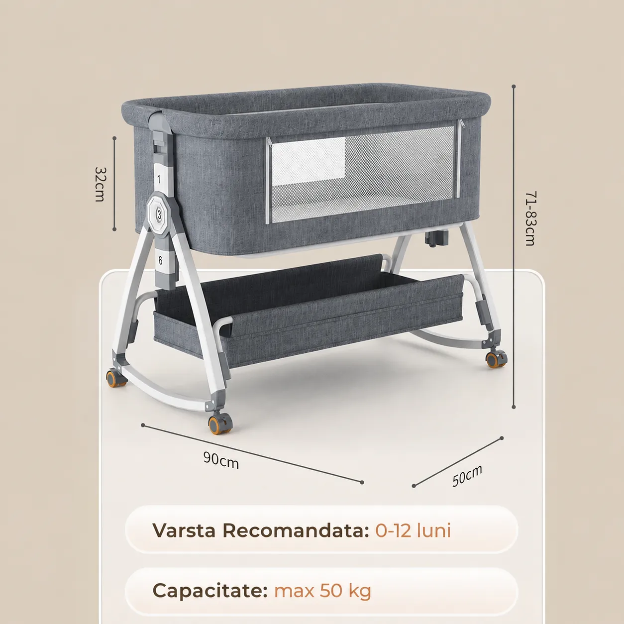 Timebox patut portabil bebelusi co-sleeper gri reglabil