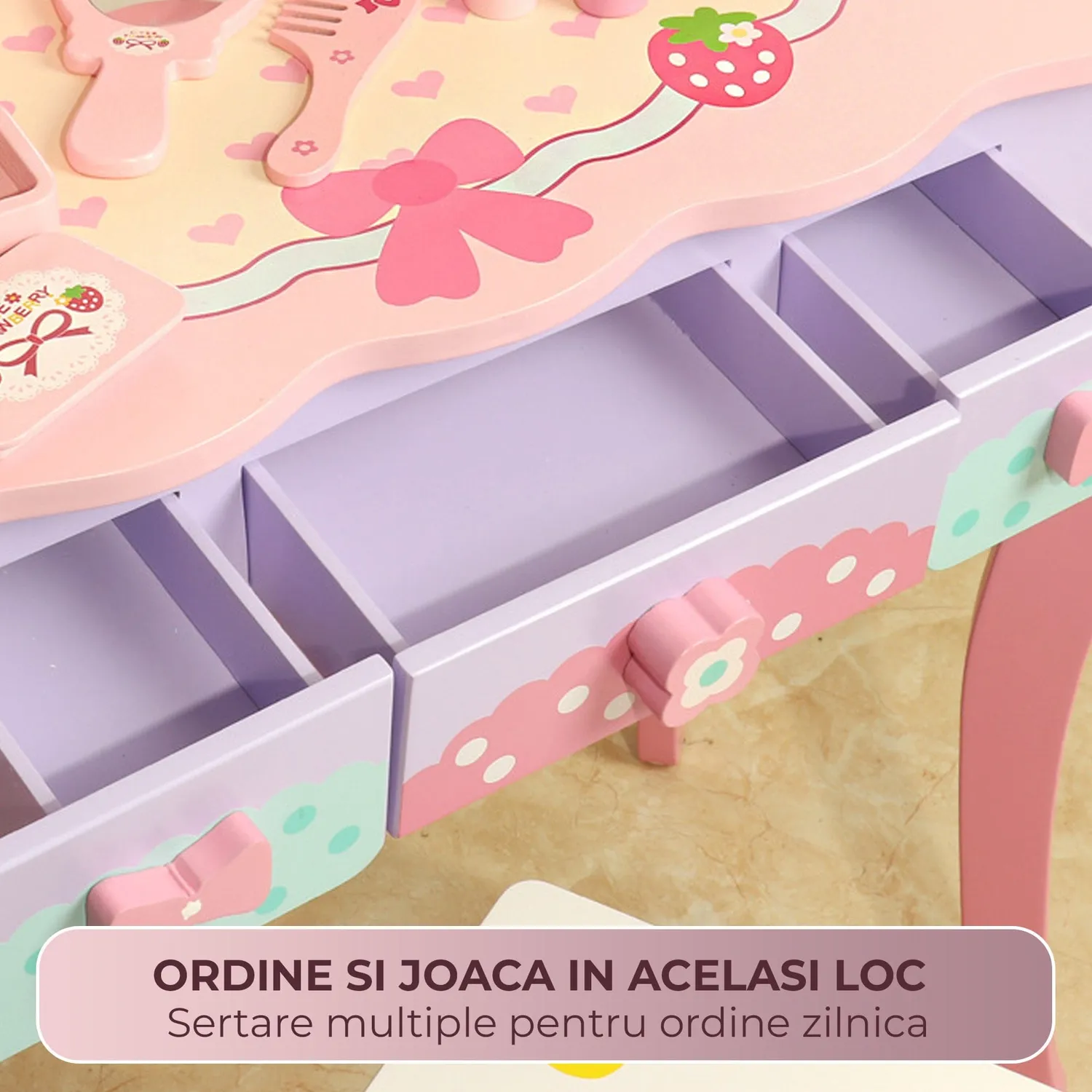 Masuta Timebox machiaj lemn cu scaun roz 4-6 ani