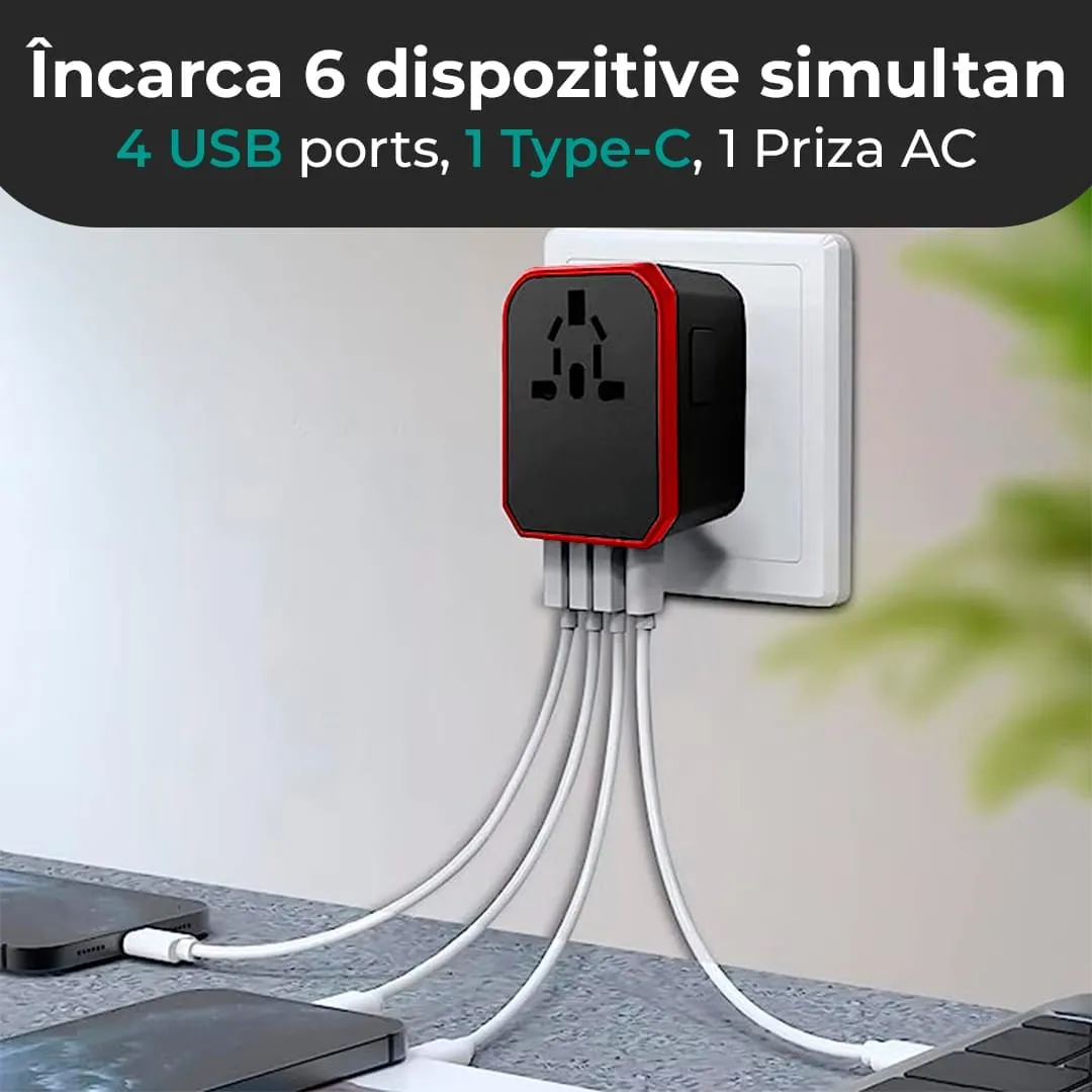 Timebox adaptor universal priza calatorie rosu 4x USB Type-C