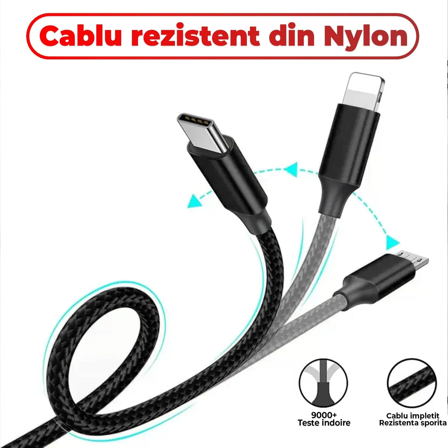 Timebox cablu date 3 in 1 40W 1,2m negru QC3.0
