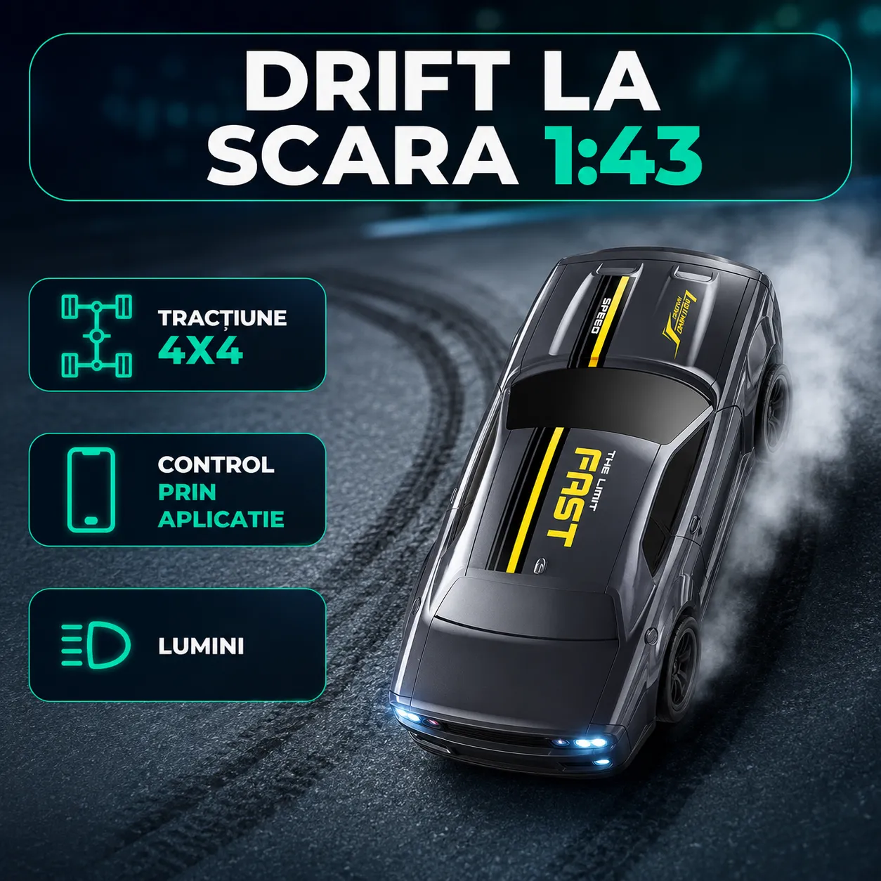 Timebox masina RC drift 1:43 gri cu telecomanda