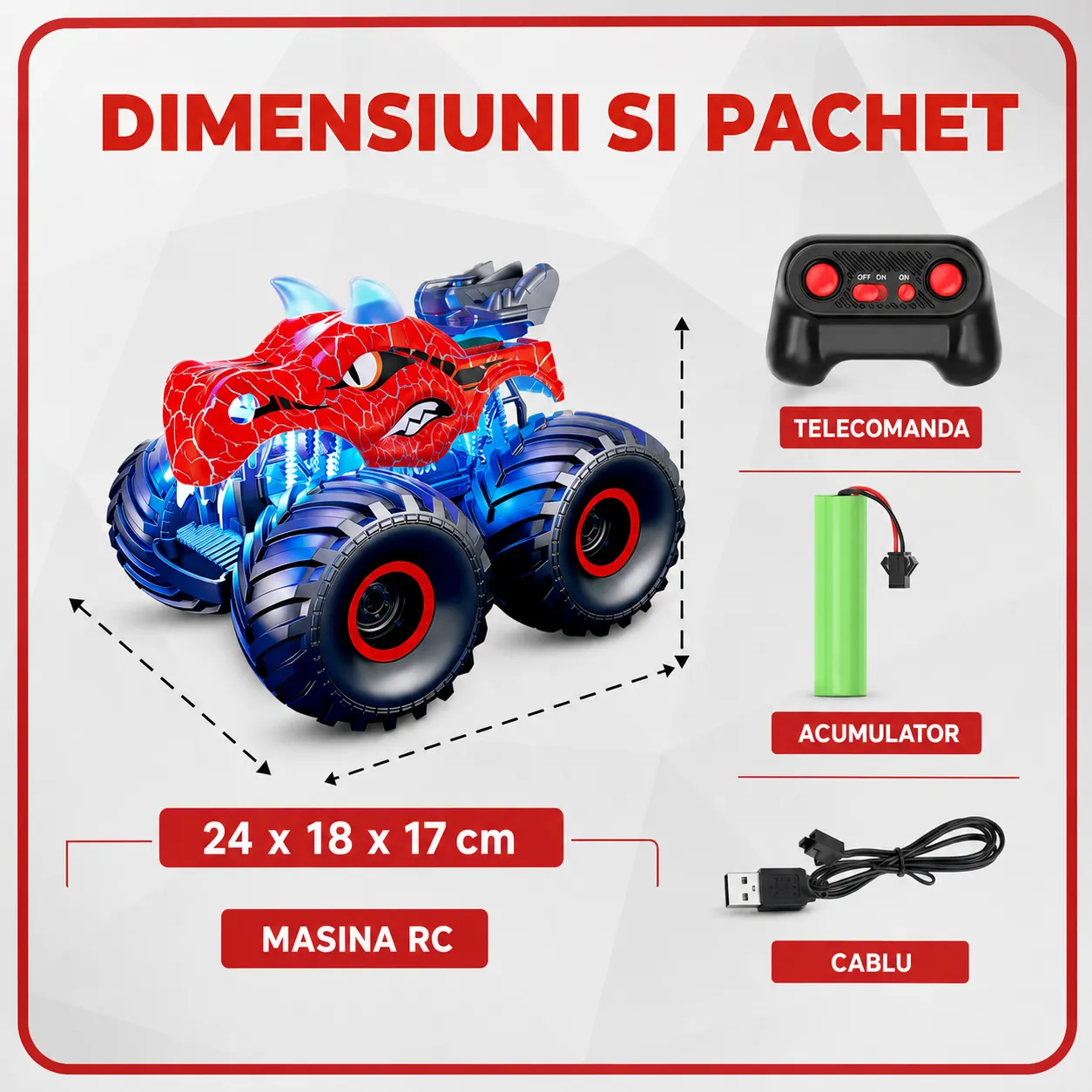 Timebox Masina RC Dinozaur 4x4 LED Rosu 360