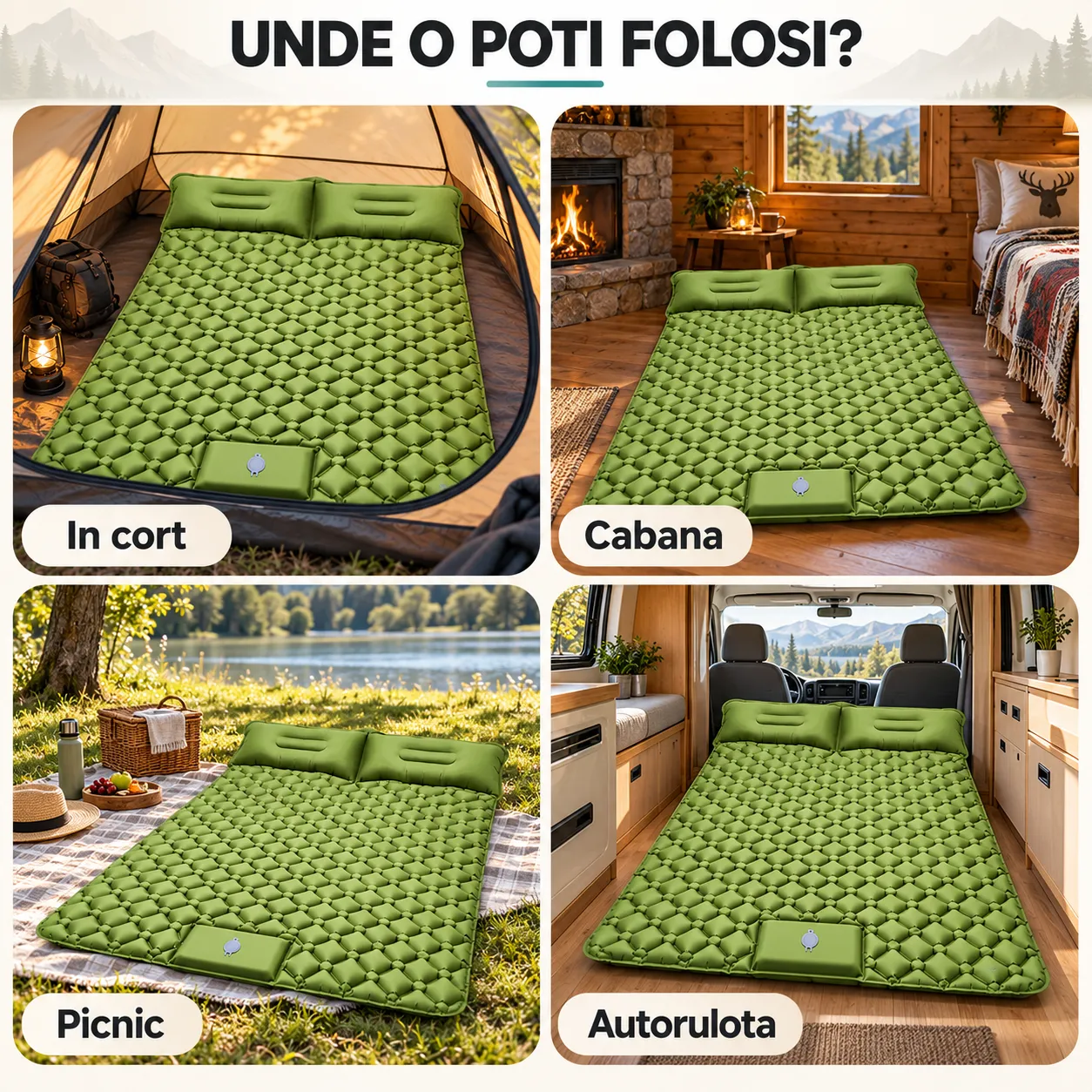 Saltea gonflabilă camping Timebox verde 190x120 cu pompă