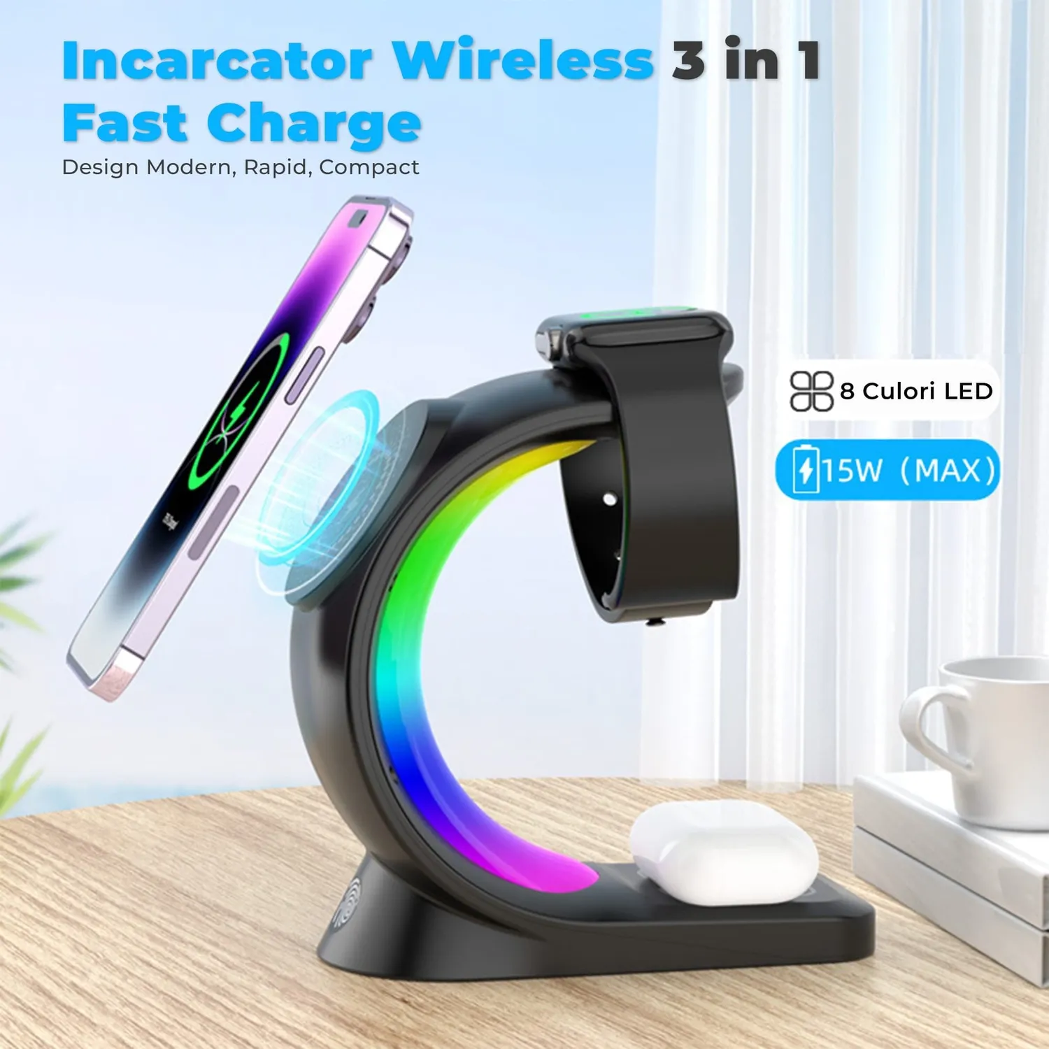 Timebox 3 in 1 incarcator wireless 15W MagSafe RGB