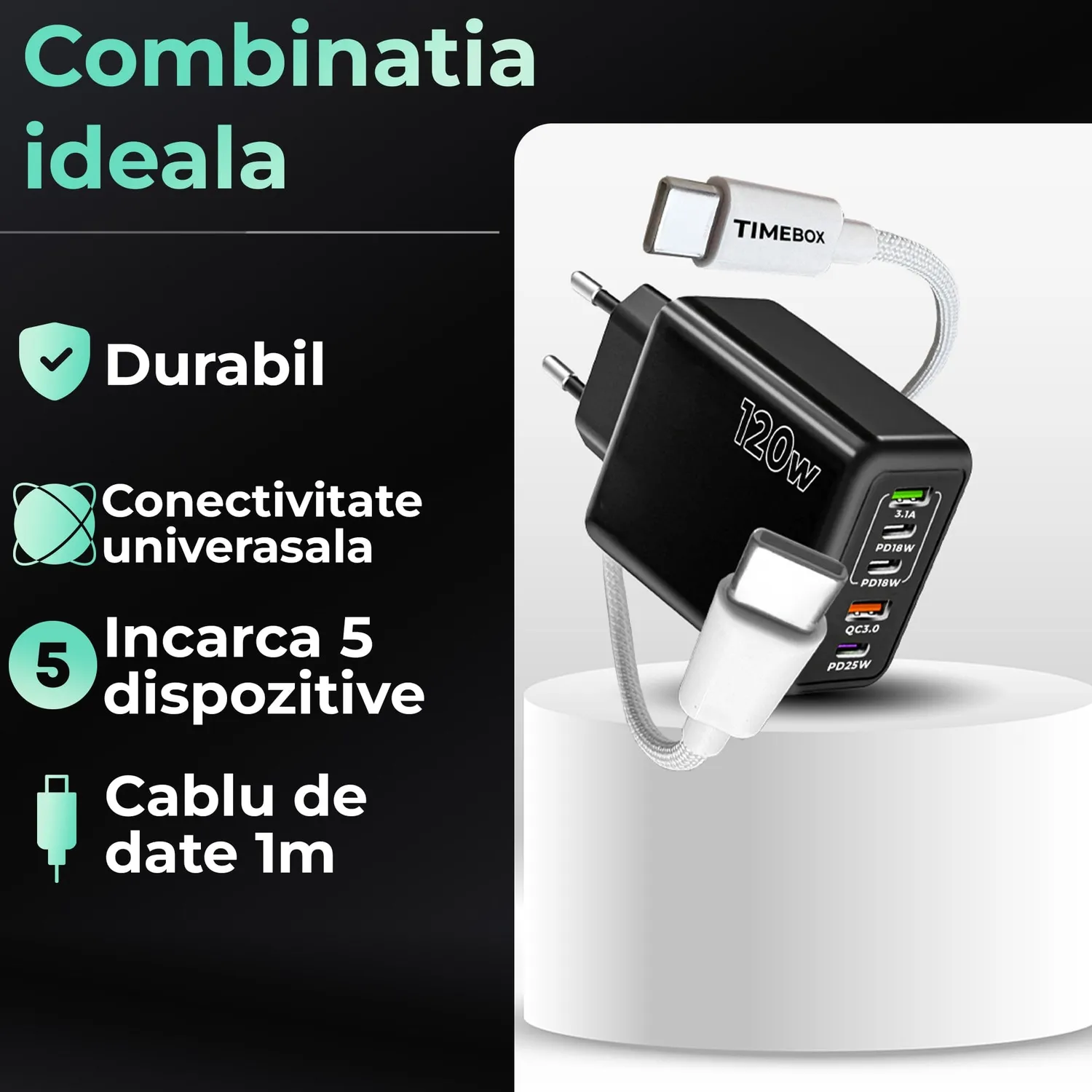 Timebox 120W incarcator retea alb 5 porturi Fast Charge
