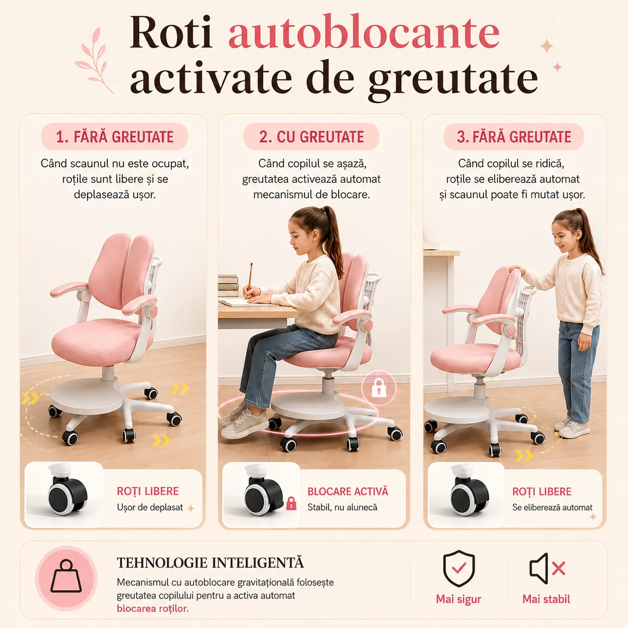 Timebox scaun copii ergonomic roz 3-12 ani inaltime reglabila