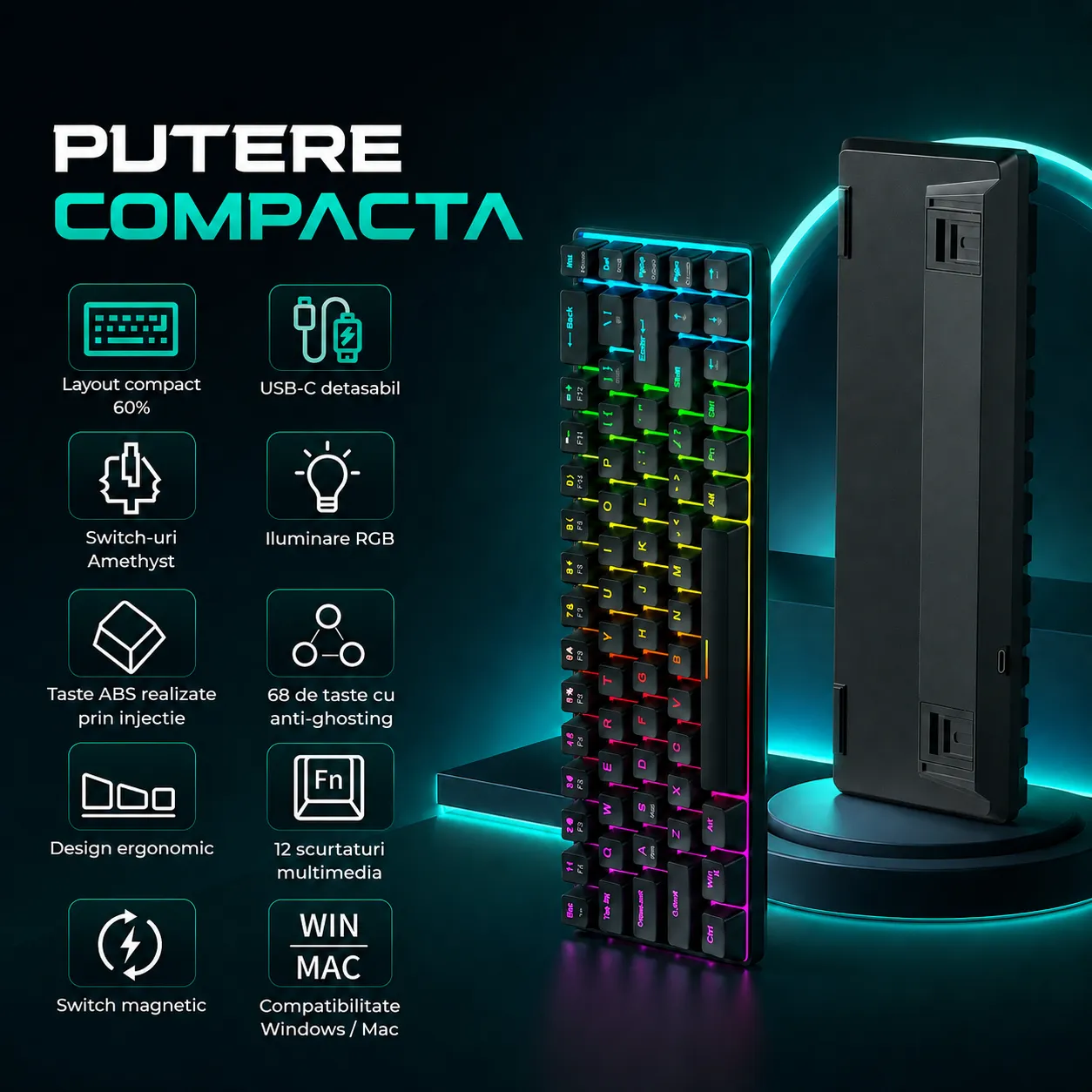 Timebox 60% tastatura mecanica gaming RGB Negru Anti-Ghosting