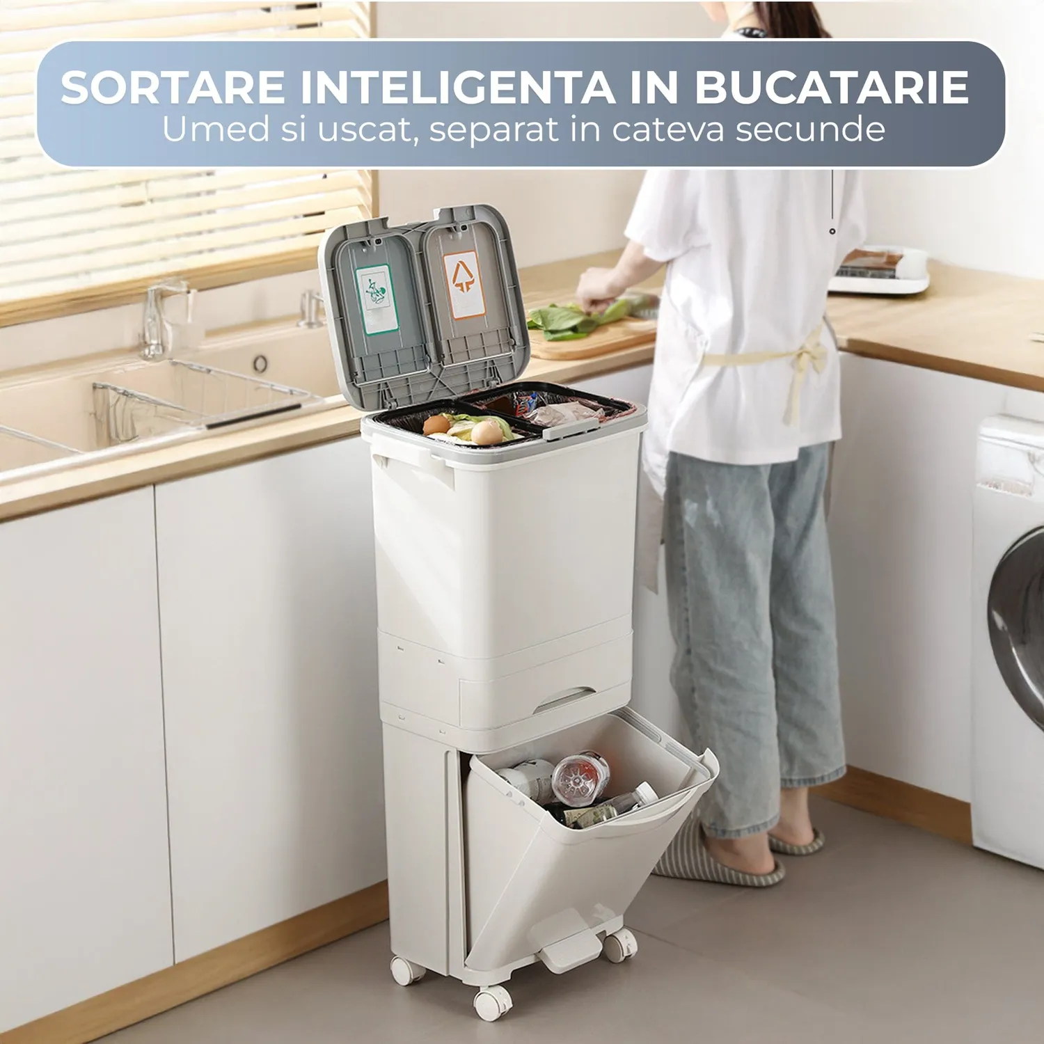 Timebox 42L cos gunoi bucatarie alb dublu cu pedala silentioasa