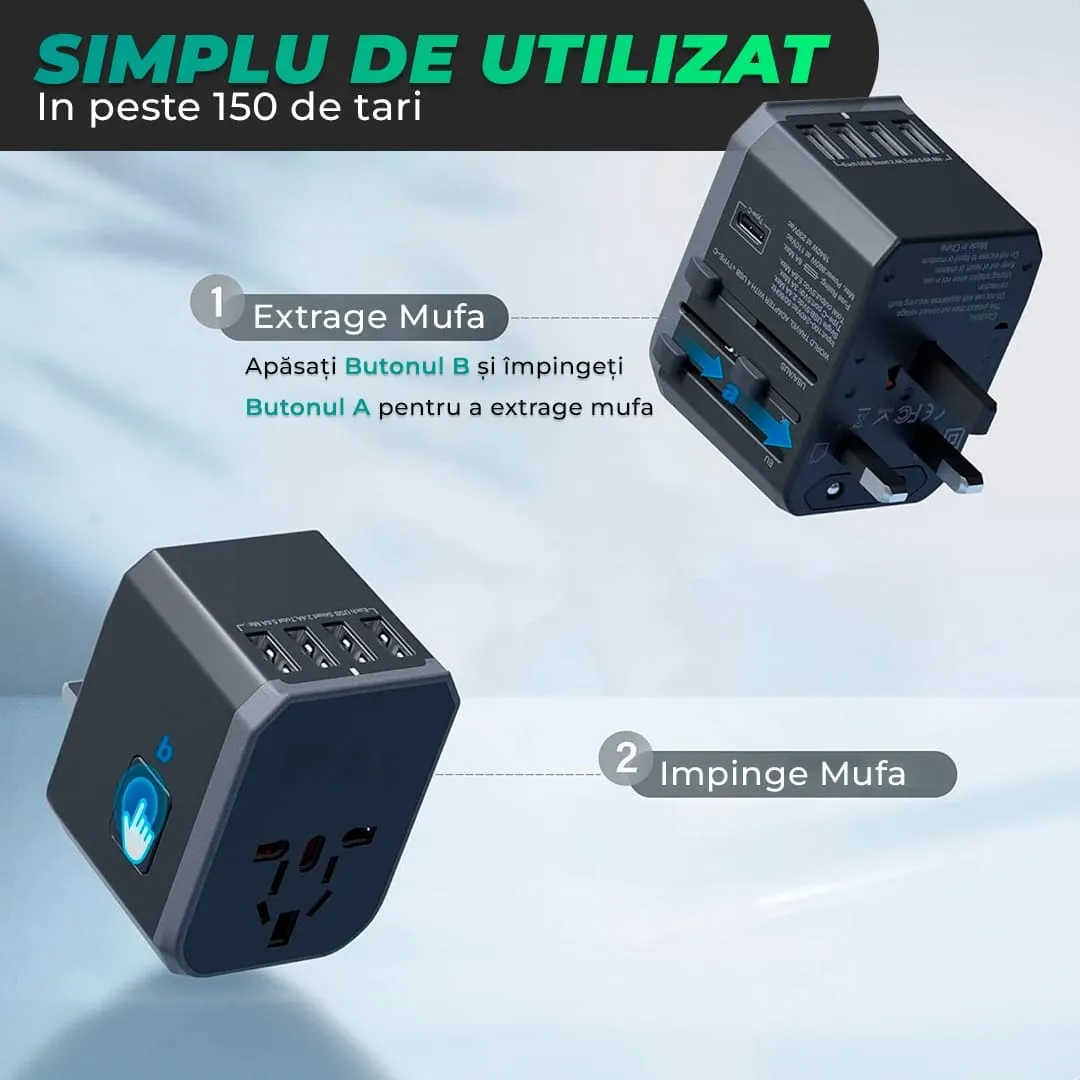 Timebox adaptor priza calatorie universal 4 USB Type-C gri