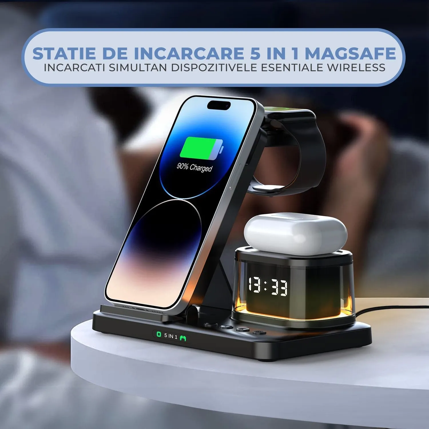 Timebox 5 in 1 15W incarcator wireless ceas negru