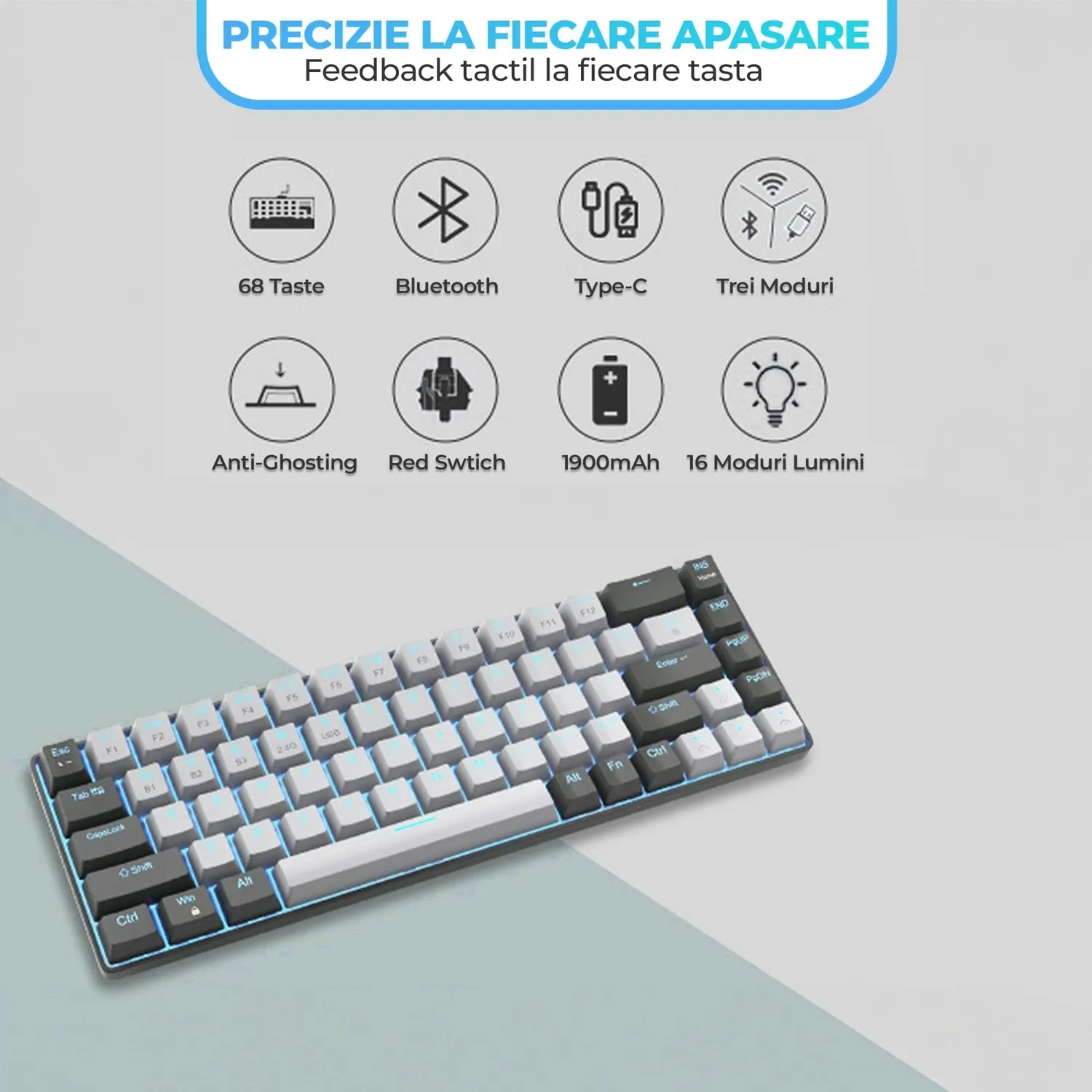 Timebox tastatură gaming mecanică 65% wireless LED