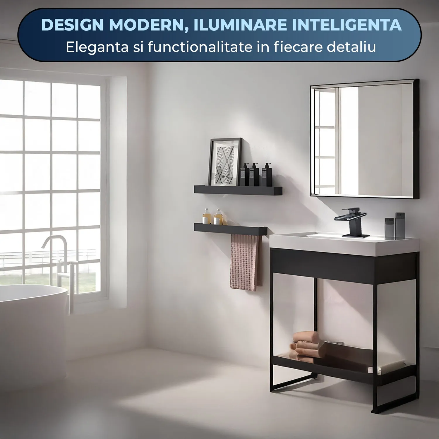Baterie chiuveta Timebox cascada LED negru mat