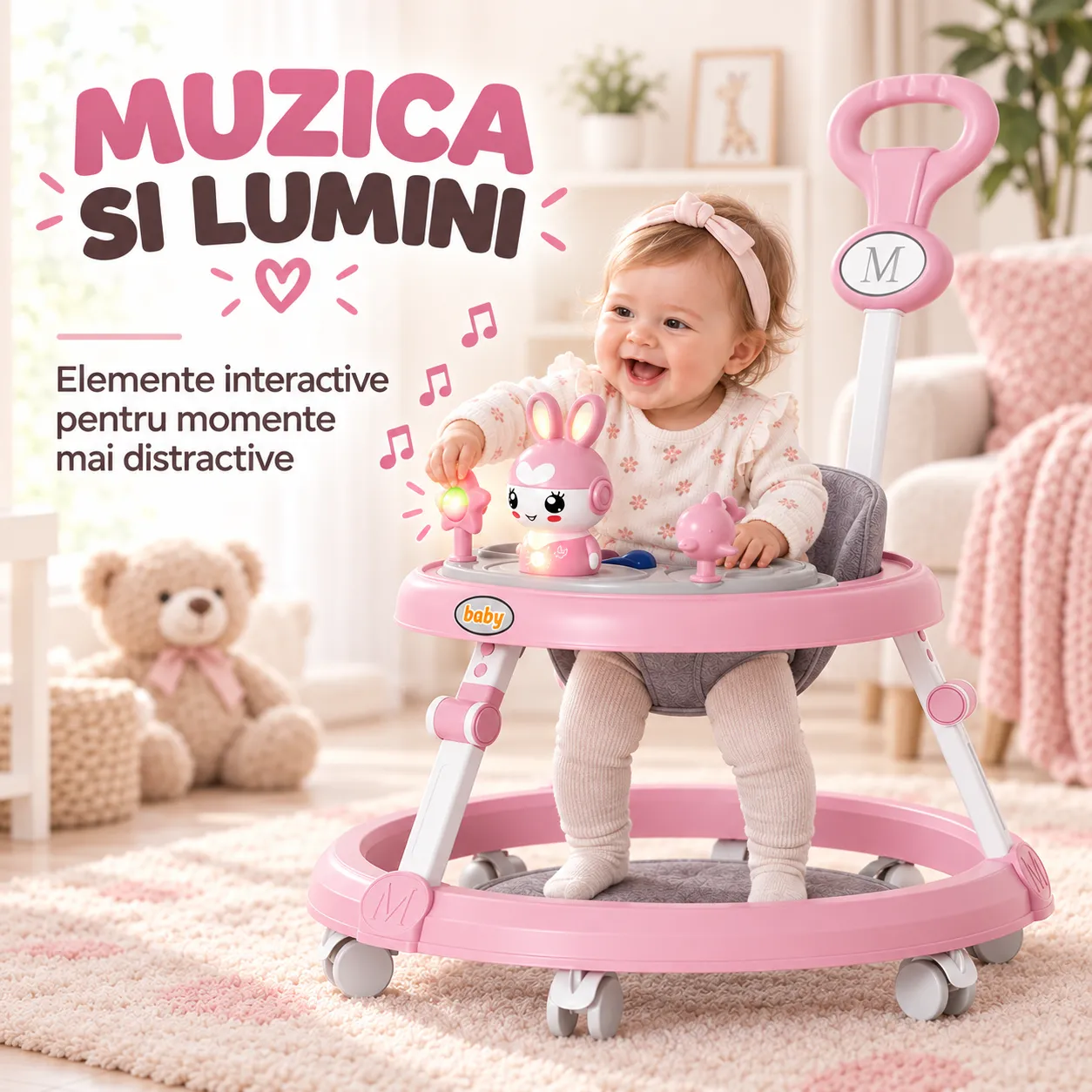 Timebox premergător bebe cu mâner roz muzică