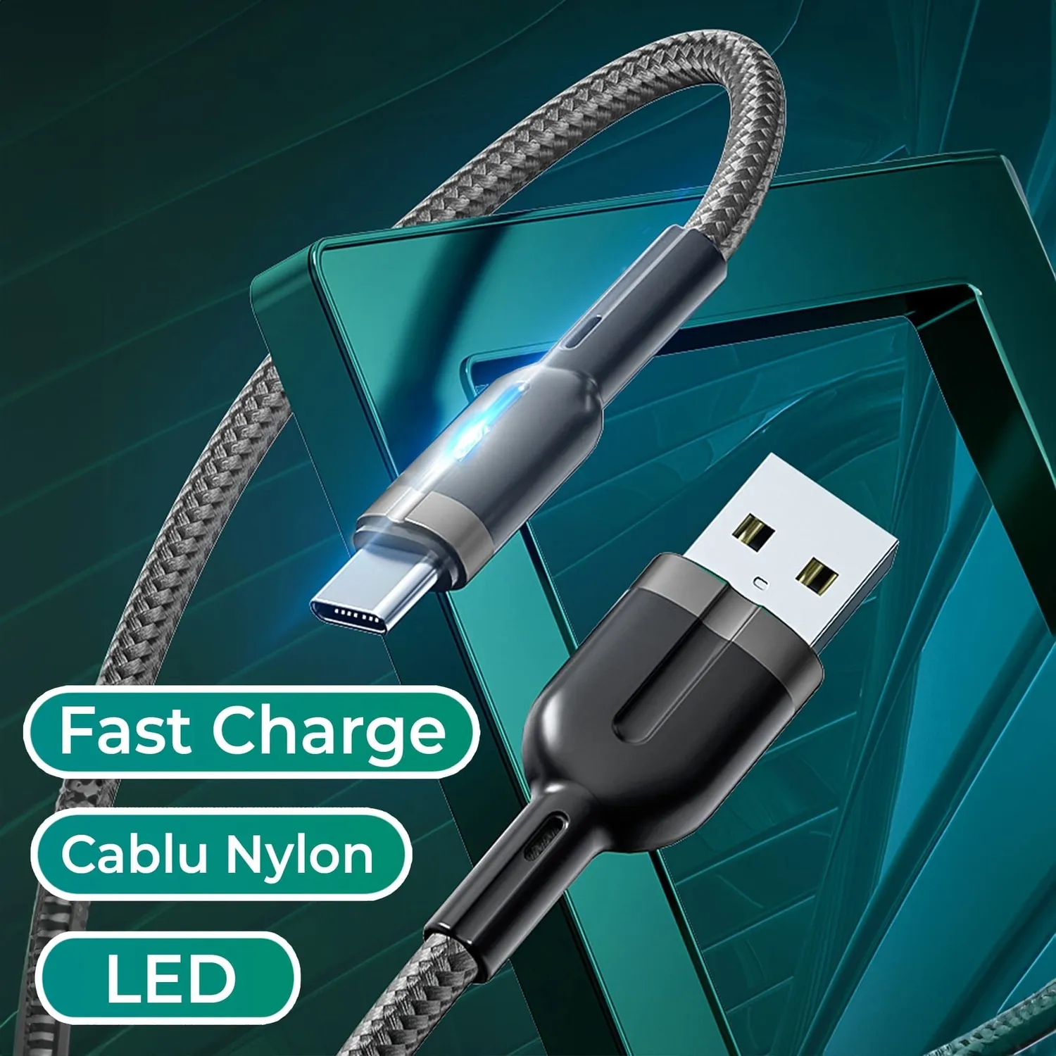 Timebox QC3.0 cablu Lightning 1,2m negru LED