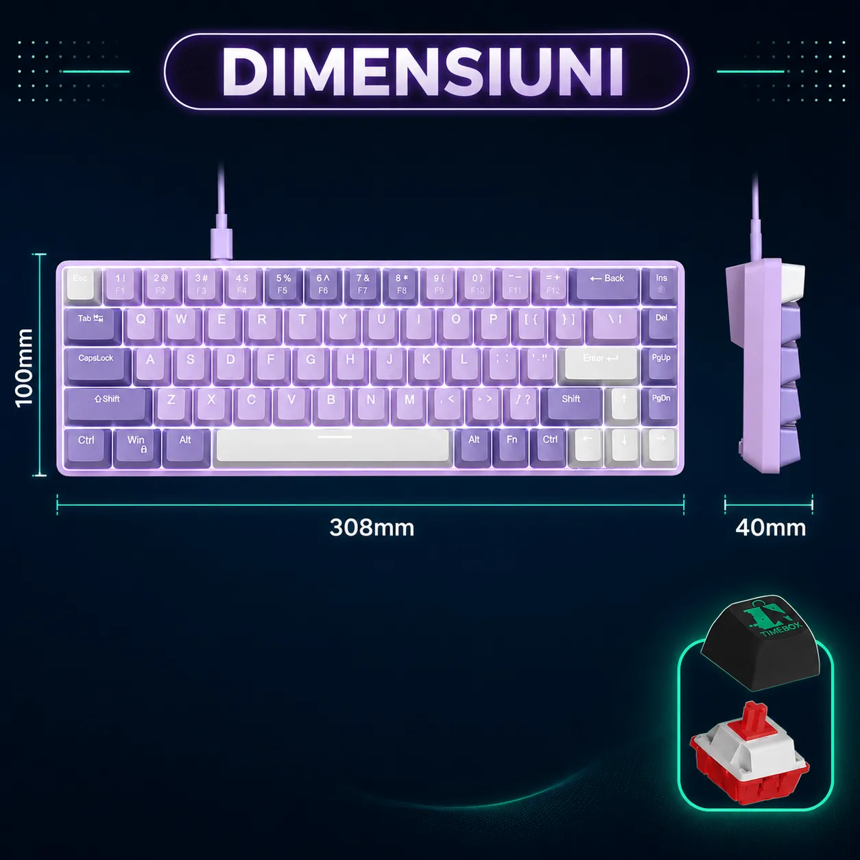 Timebox Tastatură Gaming Mecanică 60% Hot-Swap Violet