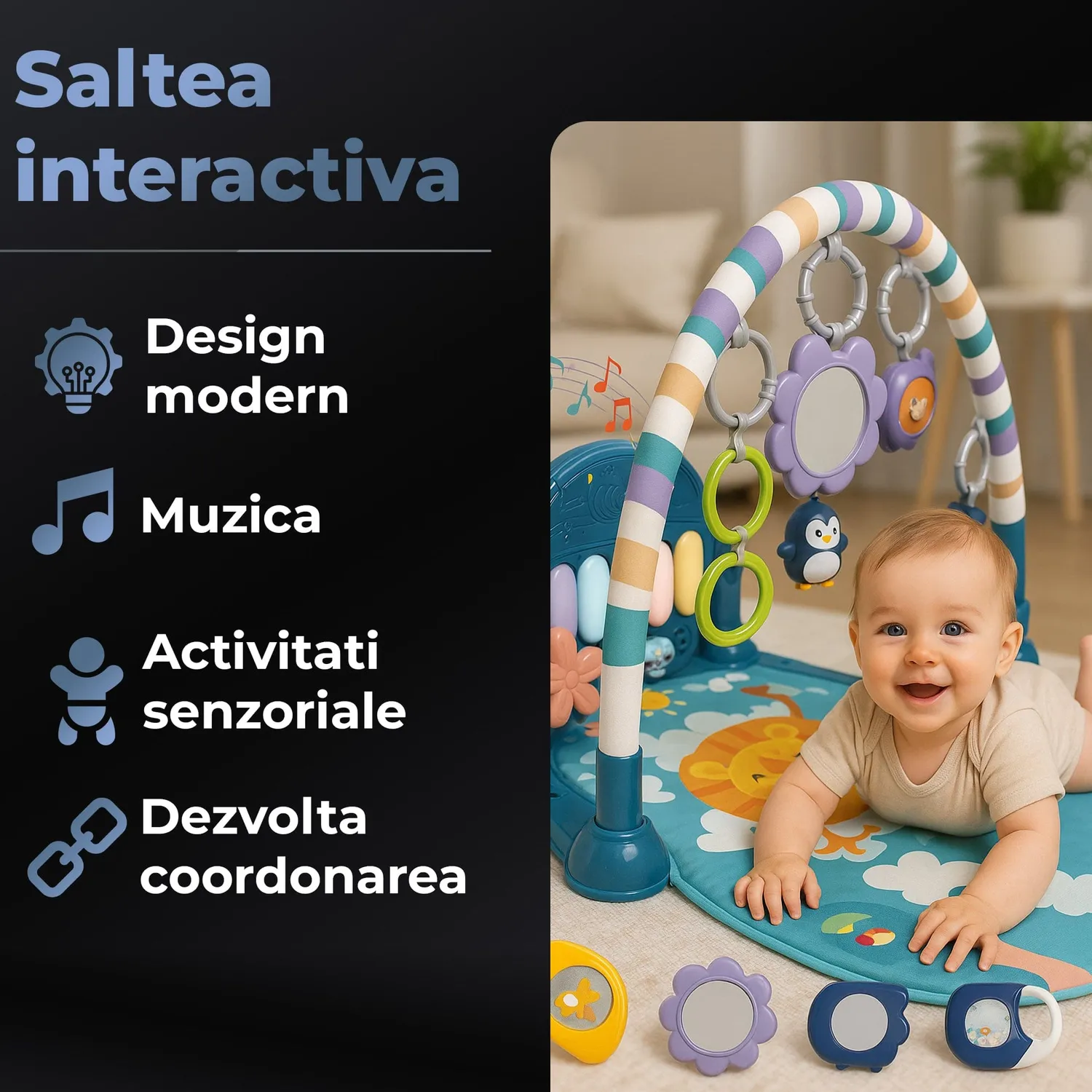 Timebox saltea Joaca Bebe cu pian senzoriala albastru 5in1