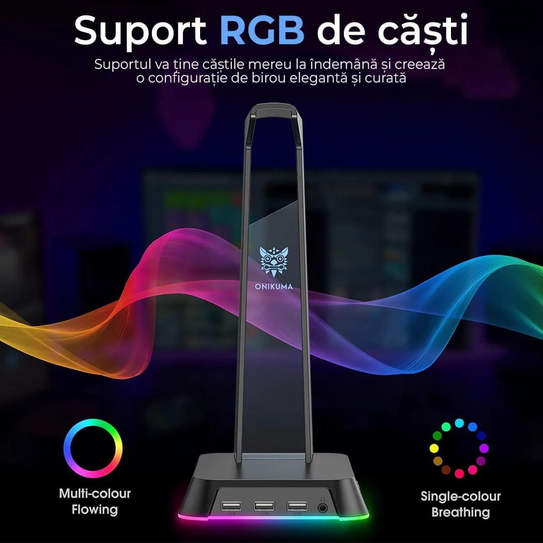Timebox suport casti gaming RGB Negru 3x USB Jack 3.5mm