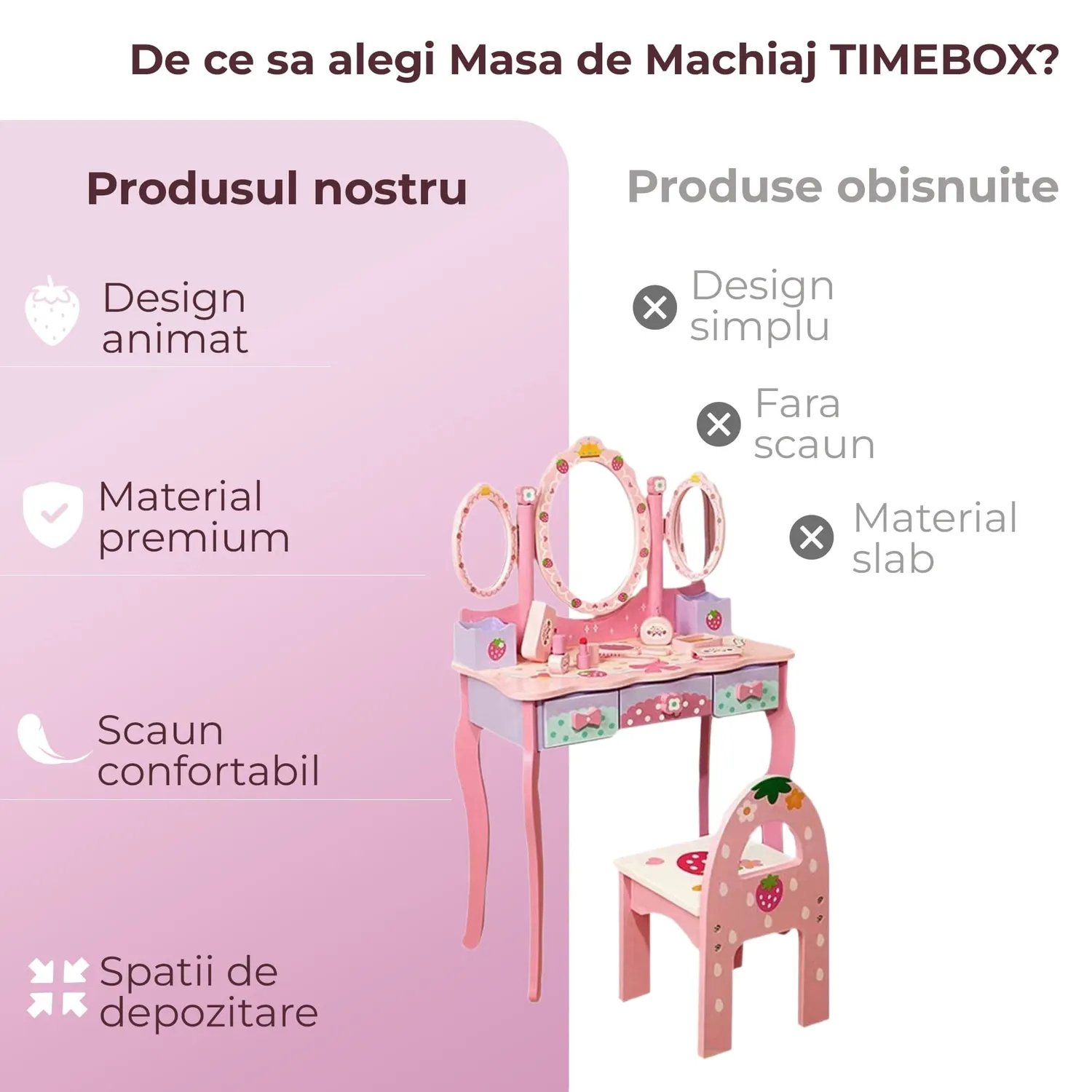 Masuta Timebox machiaj lemn cu scaun roz 4-6 ani