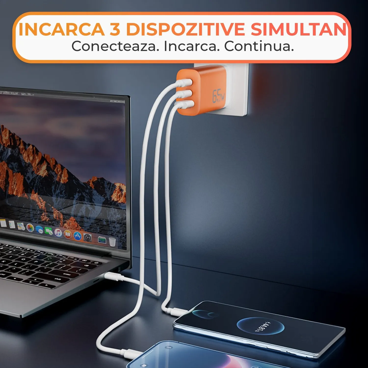 Timebox 65W 3 Porturi incarcator retea portocaliu