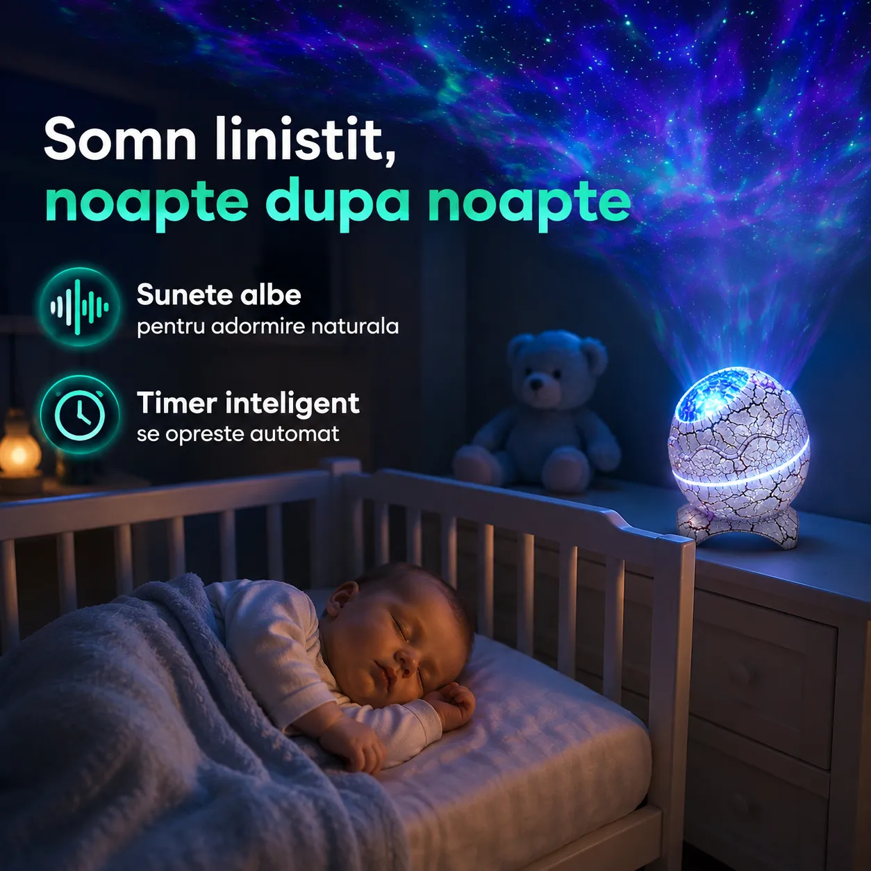 Timebox Proiector Galaxie Lampa Noapte Sunete Albe Alb