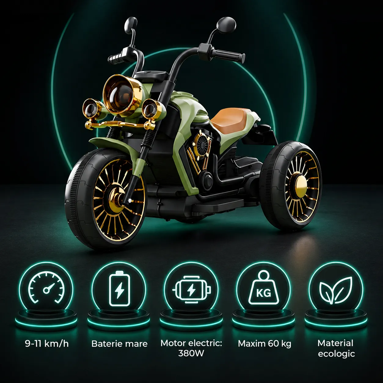 Timebox motocicletă electrică copii verde 3 roți