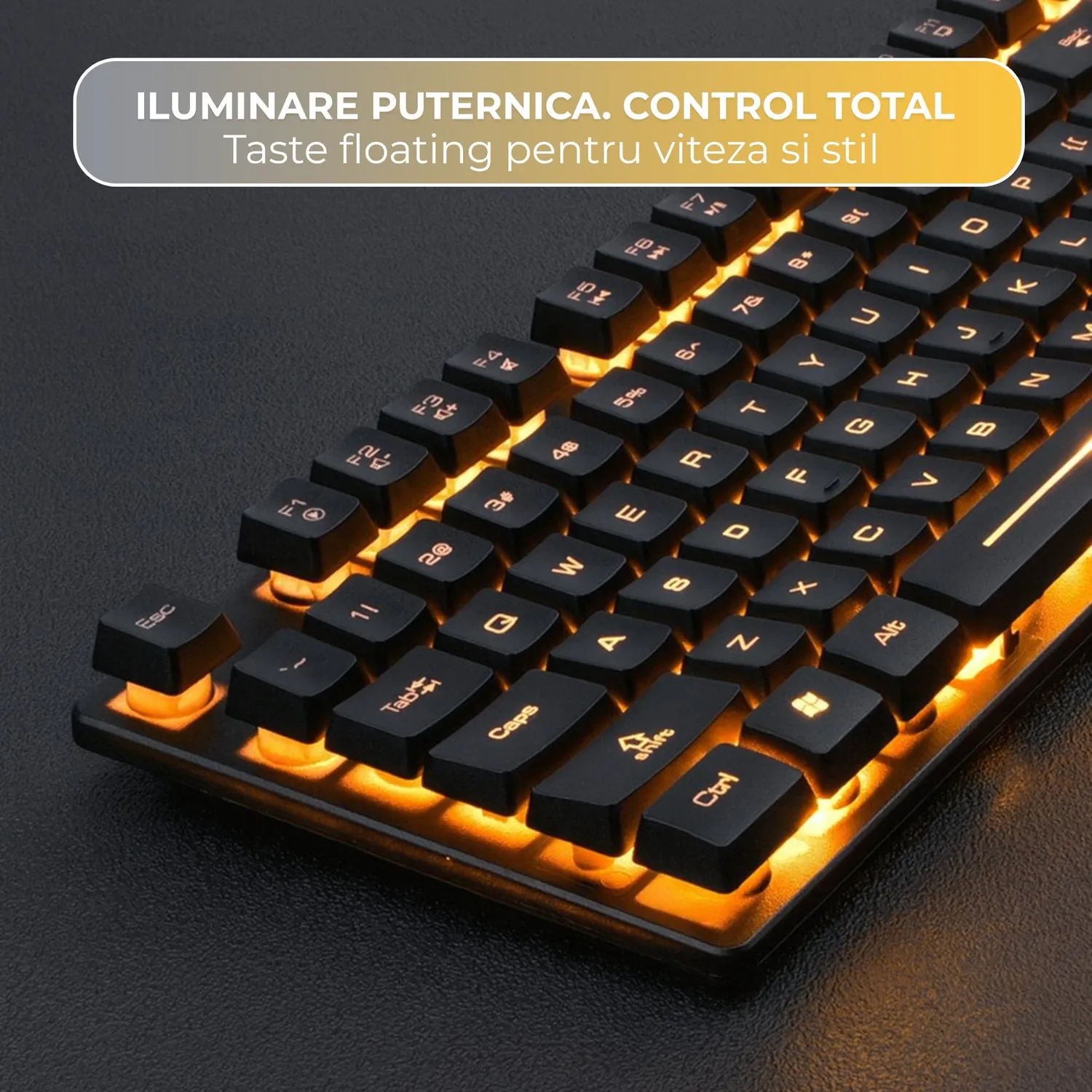 Timebox tastatură gaming silențioasă neagră iluminare portocalie