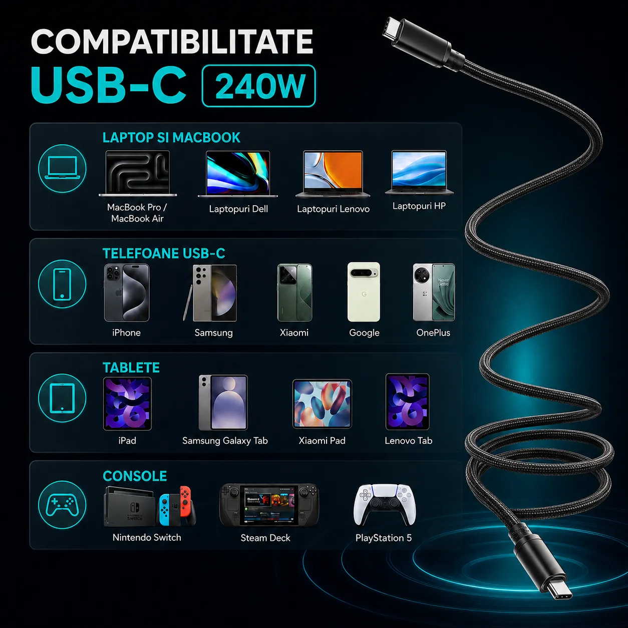 Timebox cablu USB-C Type-C 240W 2m negru nylon laptop