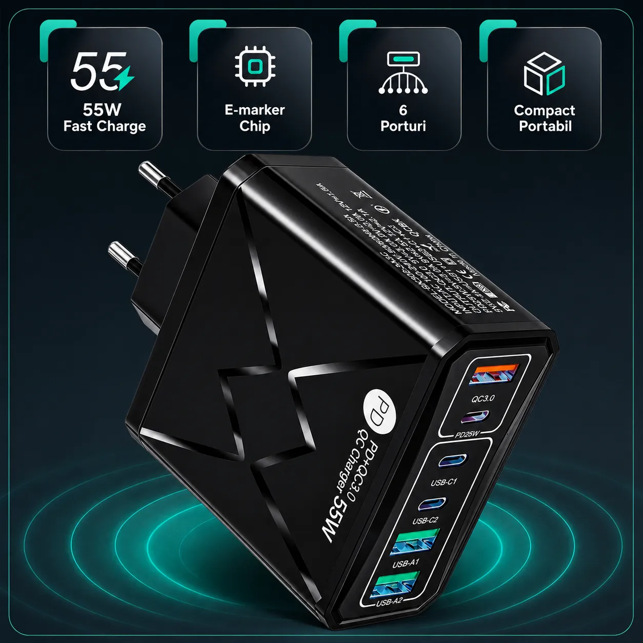 Incarcator retea Timebox 55W 6 porturi negru