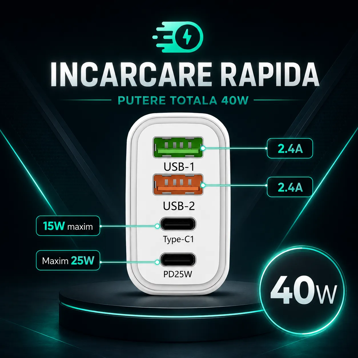 Timebox 40W incarcator priza alb 4 porturi rapid