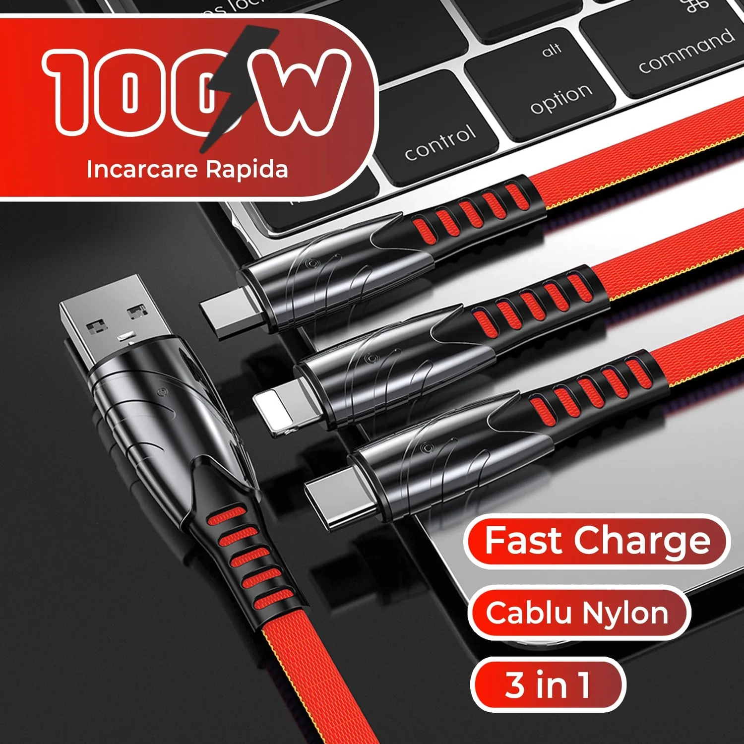 Timebox 3 in 1 cablu incarcare rapida 120W 1,2m rosu deschis