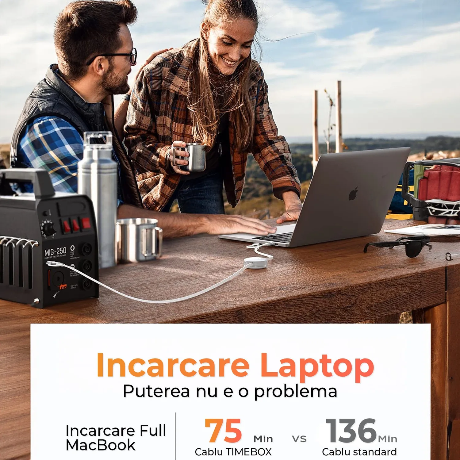 Timebox 5 in 1 cablu USB-C retractabil alb 60W 1m