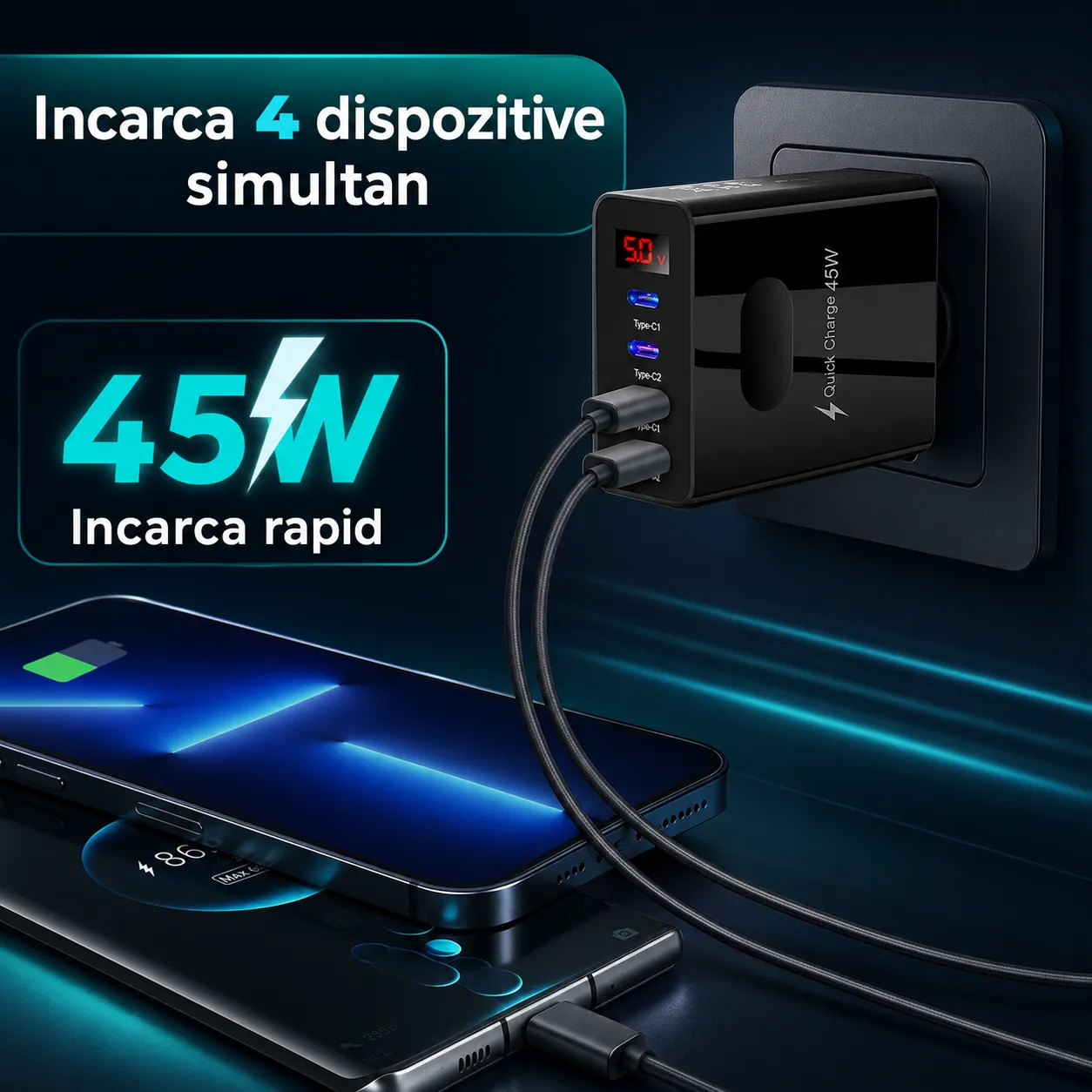 Timebox 45W incarcator retea 4 porturi negru display