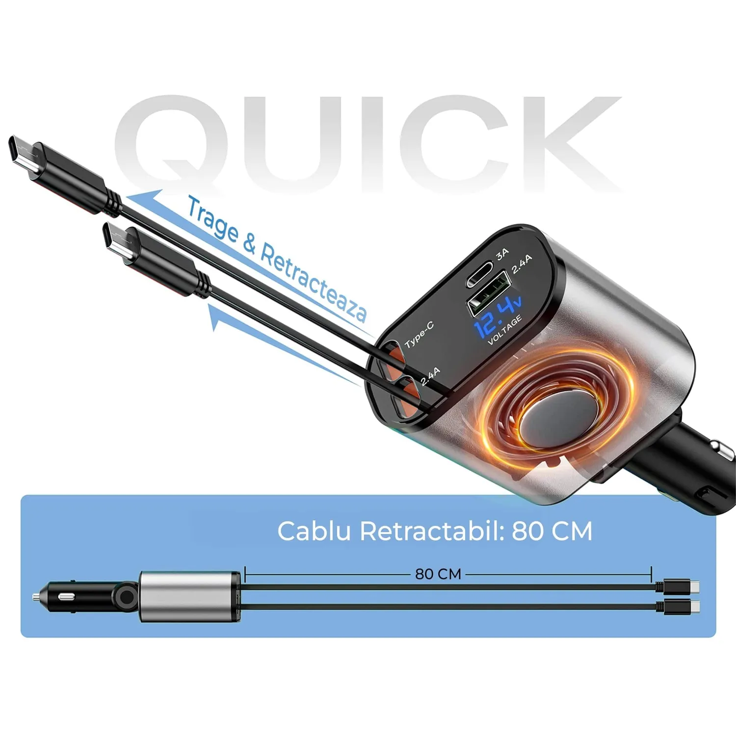 Timebox 4 in 1 66W incarcator auto retractabil