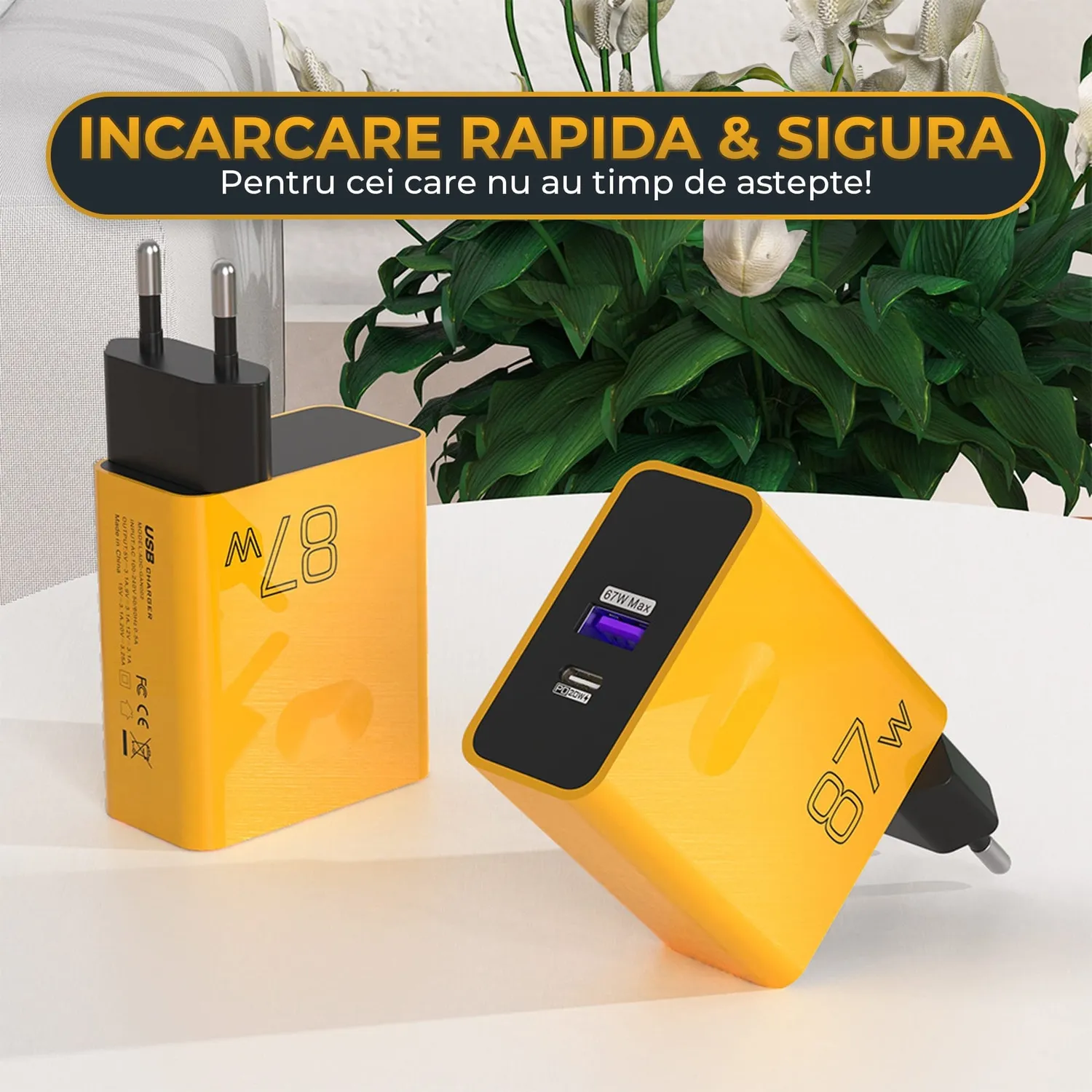 Timebox incarcator retea 87W 2 porturi Type-C USB galben