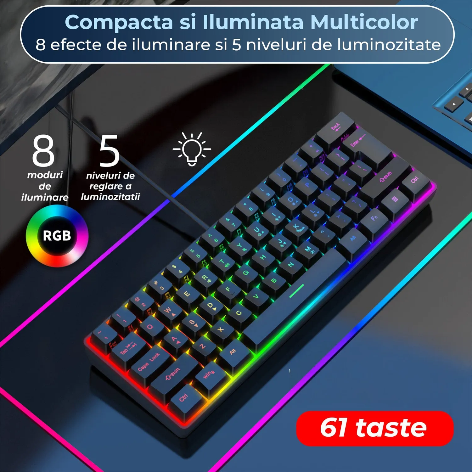 Timebox 61 taste tastatura gaming neagra RGB 60%