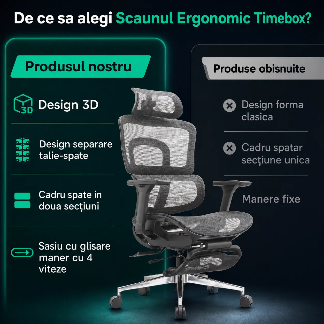 Scaun ergonomic Timebox 150kg mesh 150 grade negru