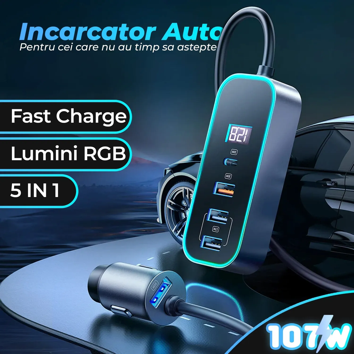 Timebox 107W incarcator auto negru 5 in 1 USB Type-C RGB