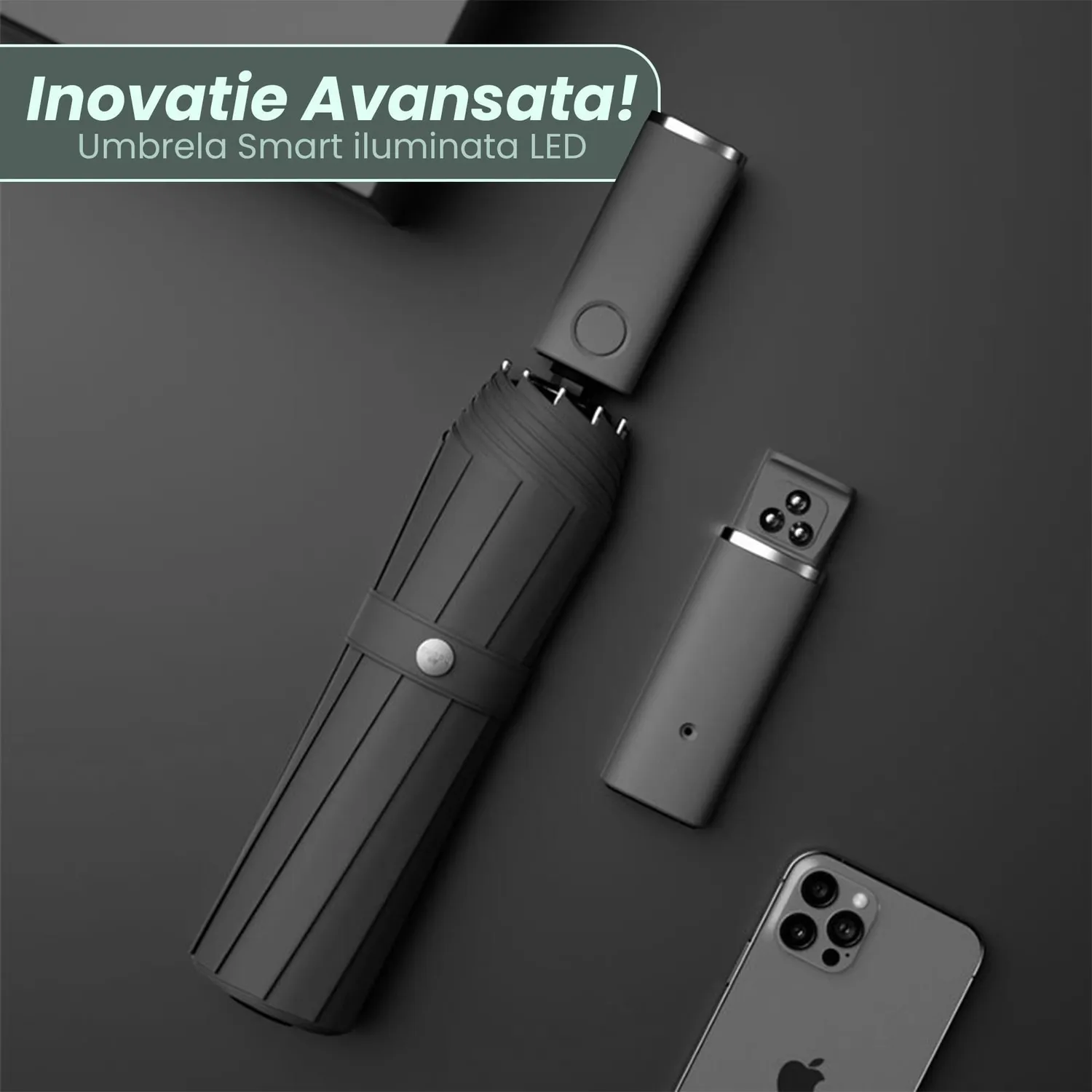 Timebox umbrela pliabila LED neagra automata