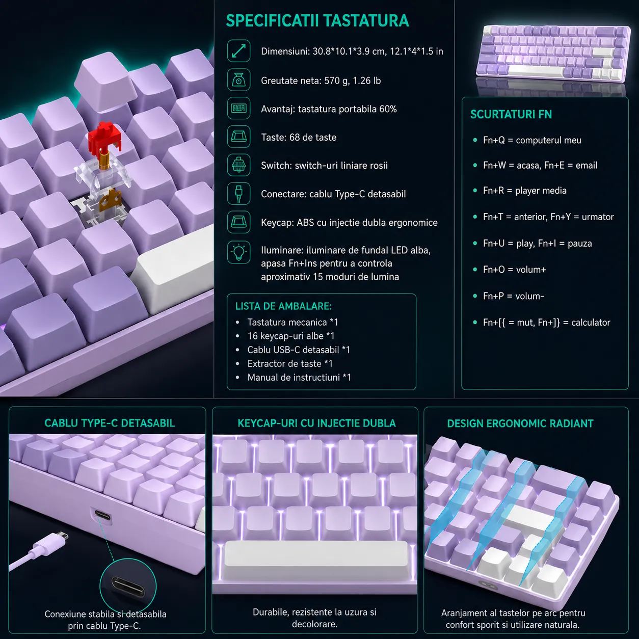 Timebox Tastatură Gaming Mecanică 60% Hot-Swap Violet