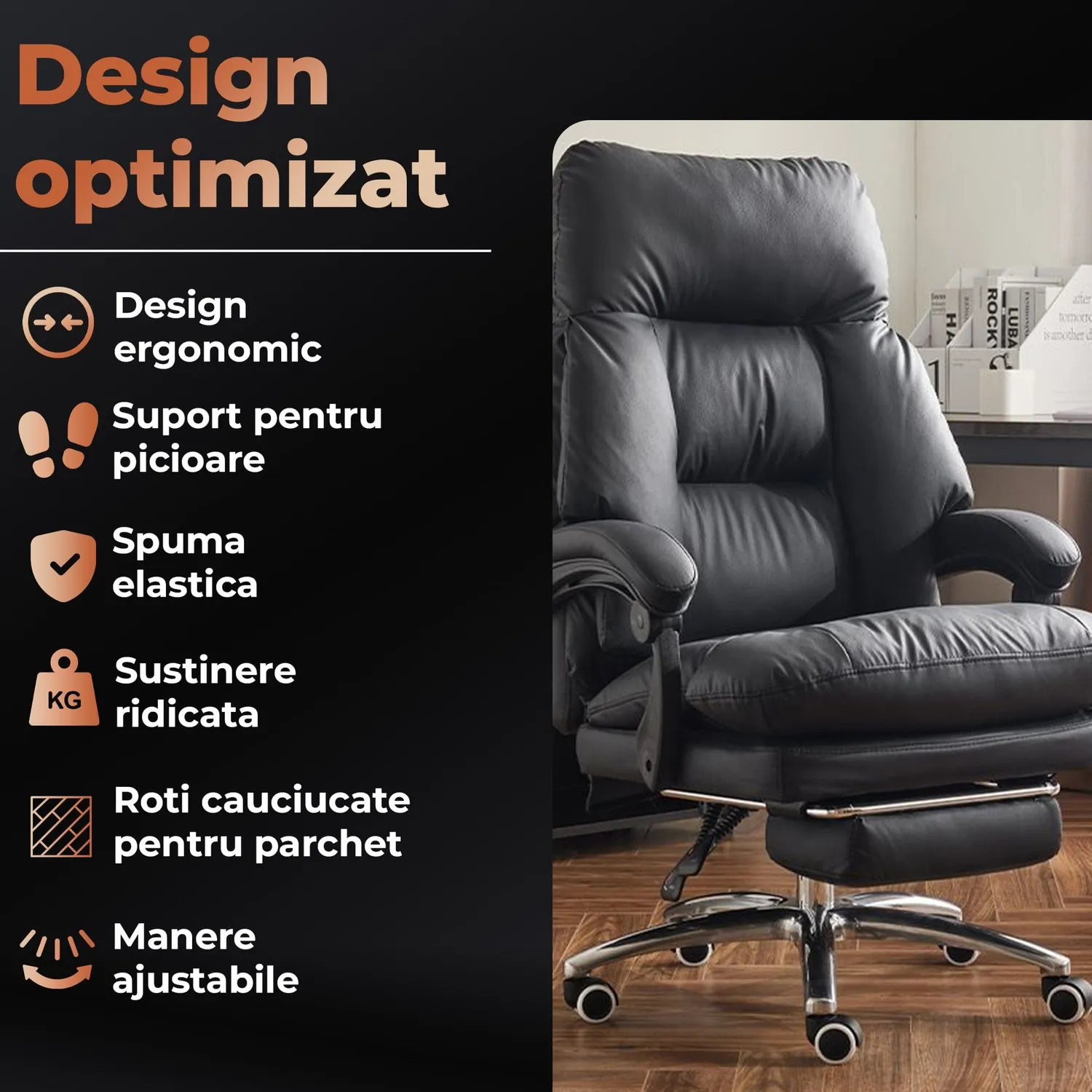 Timebox Scaun Birou Executiv Piele Naturala Negru 360°