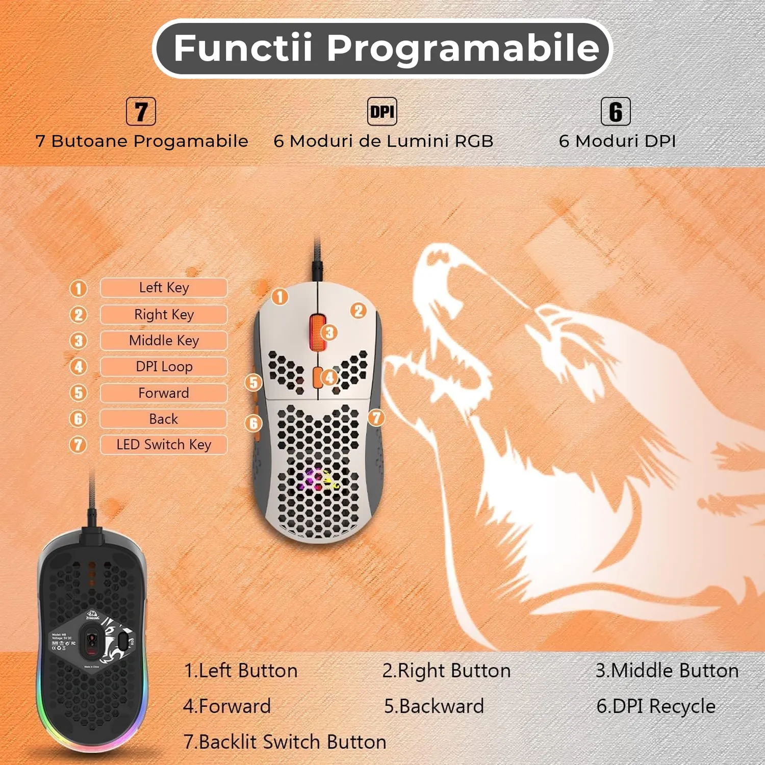 Timebox mouse gaming USB 6400 DPI RGB alb portocaliu usor