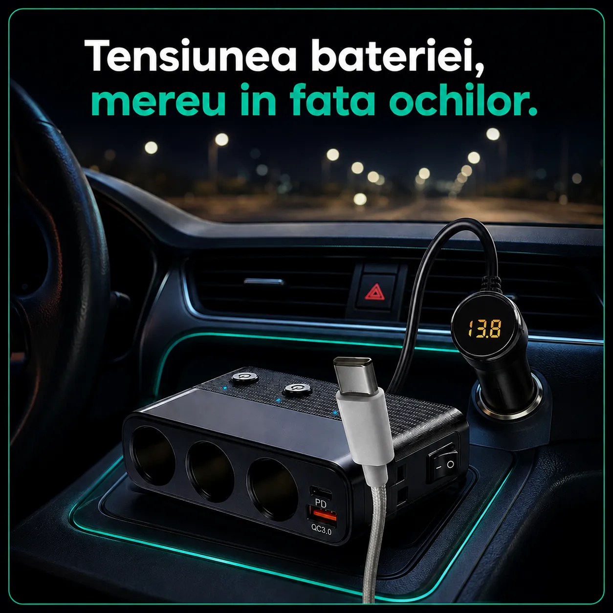 Timebox incarcator auto 7 in 1 128W 1m alb Type-C PD