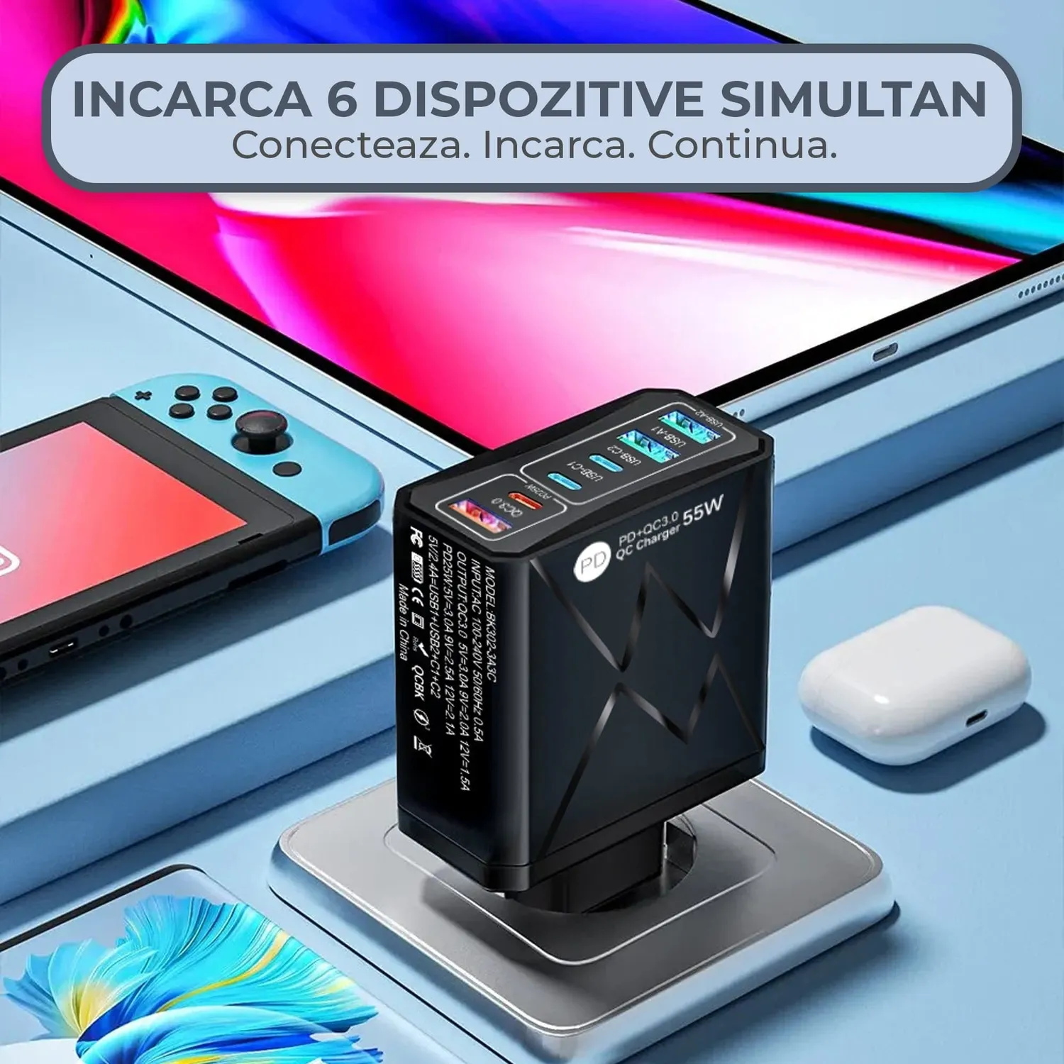 Incarcator retea Timebox 55W 6 porturi negru
