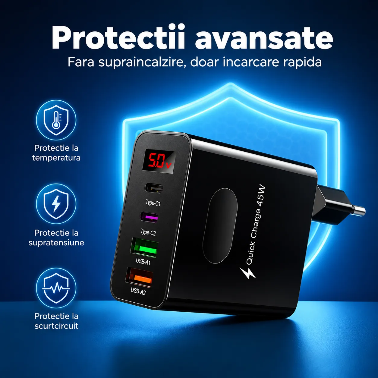 Timebox 45W incarcator retea 4 porturi negru display