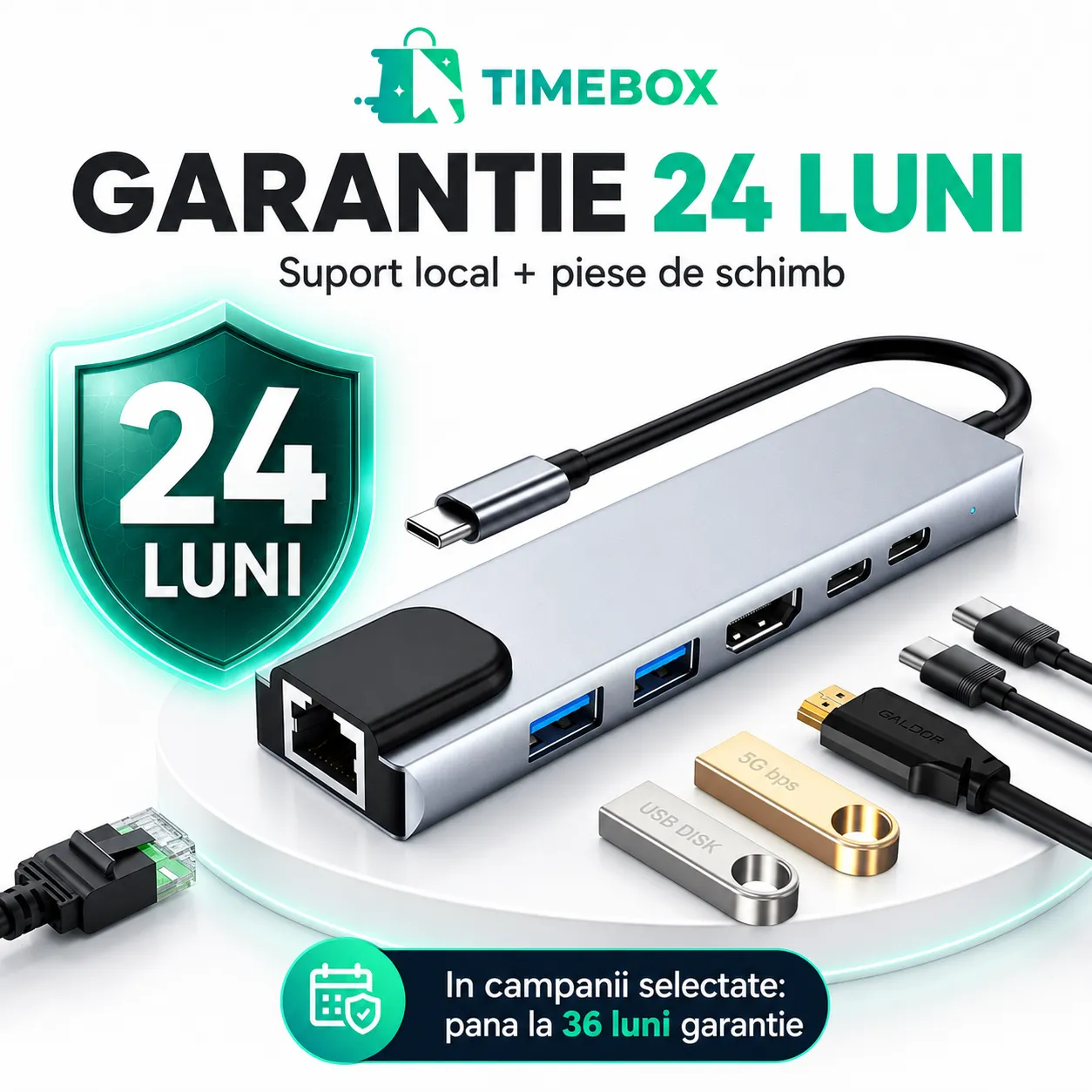 Timebox Hub USB 6 in 1 Type-C Ethernet Argintiu