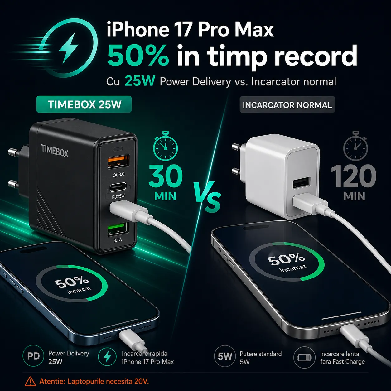 Incarcator retea Timebox 160W cu 6 porturi PD + QC3.0