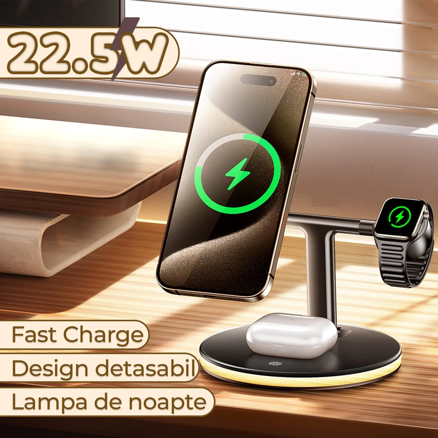 Timebox incarcator wireless magnetic 4 in 1 cu suport lampa